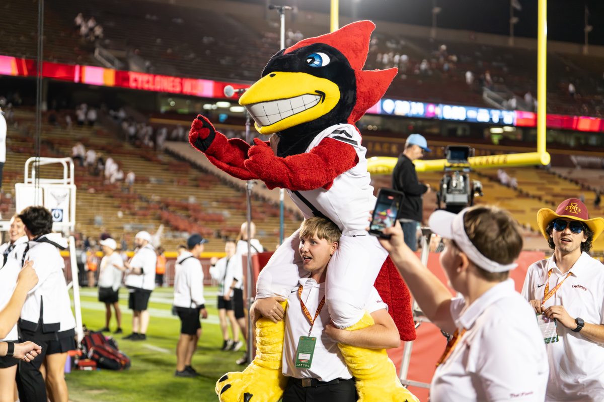 Cy sitting on the shoulders of a staff member after winning the game against Arizona, Jack Trice Stadium, Ames, Iowa, Sept. 27, 2025.