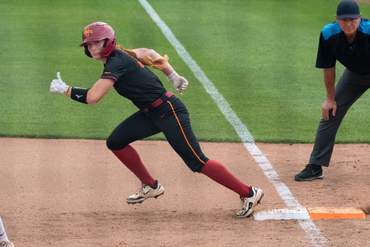 Karlee Ford (9) leads off from first base, Cyclones Sports Complex, Ames, Iowa, Sep. 17, 2025.
