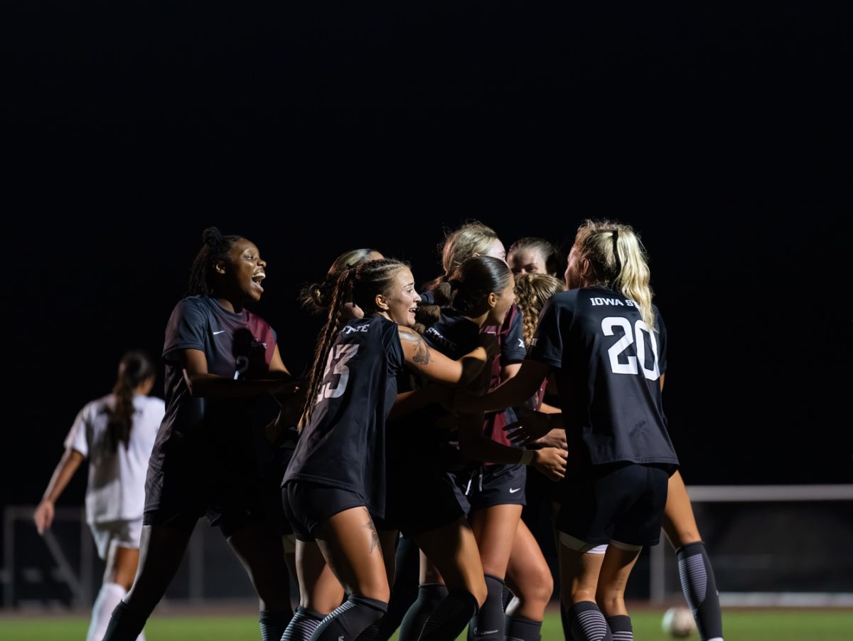 The Iowa State women's soccer team celebrates after Megan Walters (5) scores her first career goal during the soccer game against the University of Arizona at the Cyclone Sports Complex in Ames, Iowa, Sept. 18, 2025.