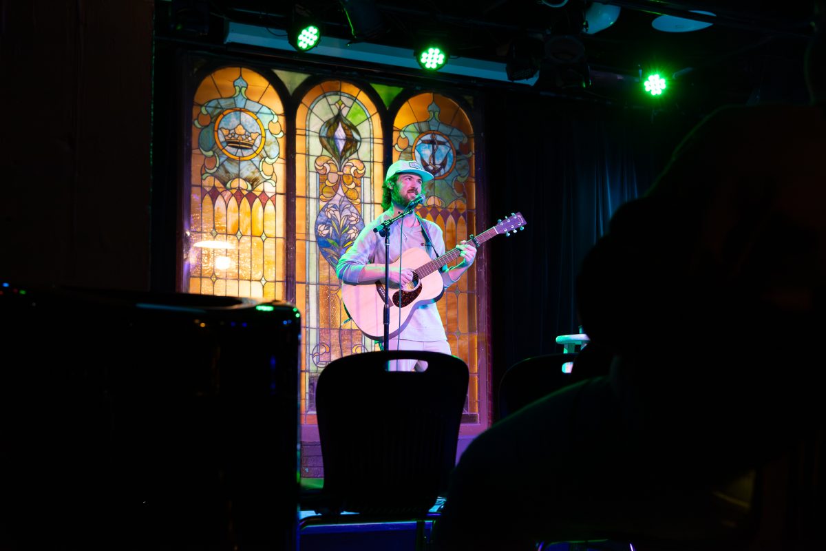 Tom Yednock preforms during Open Mic Night in the Maintenance Shop in the Memorial Union, Ames, Iowa, Oct. 14, 2025.