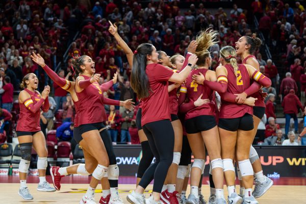 The Iowa State volleyball team celebrates their win against Baylor University at Hilton Coliseum, Ames, Iowa, Oct. 29, 2025.