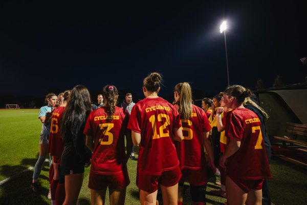 The Cyclones women's soccer team huddles together before the start of the second half, Cyclone Sports Complex, Ames, Iowa, Oct. 10, 2025. 

