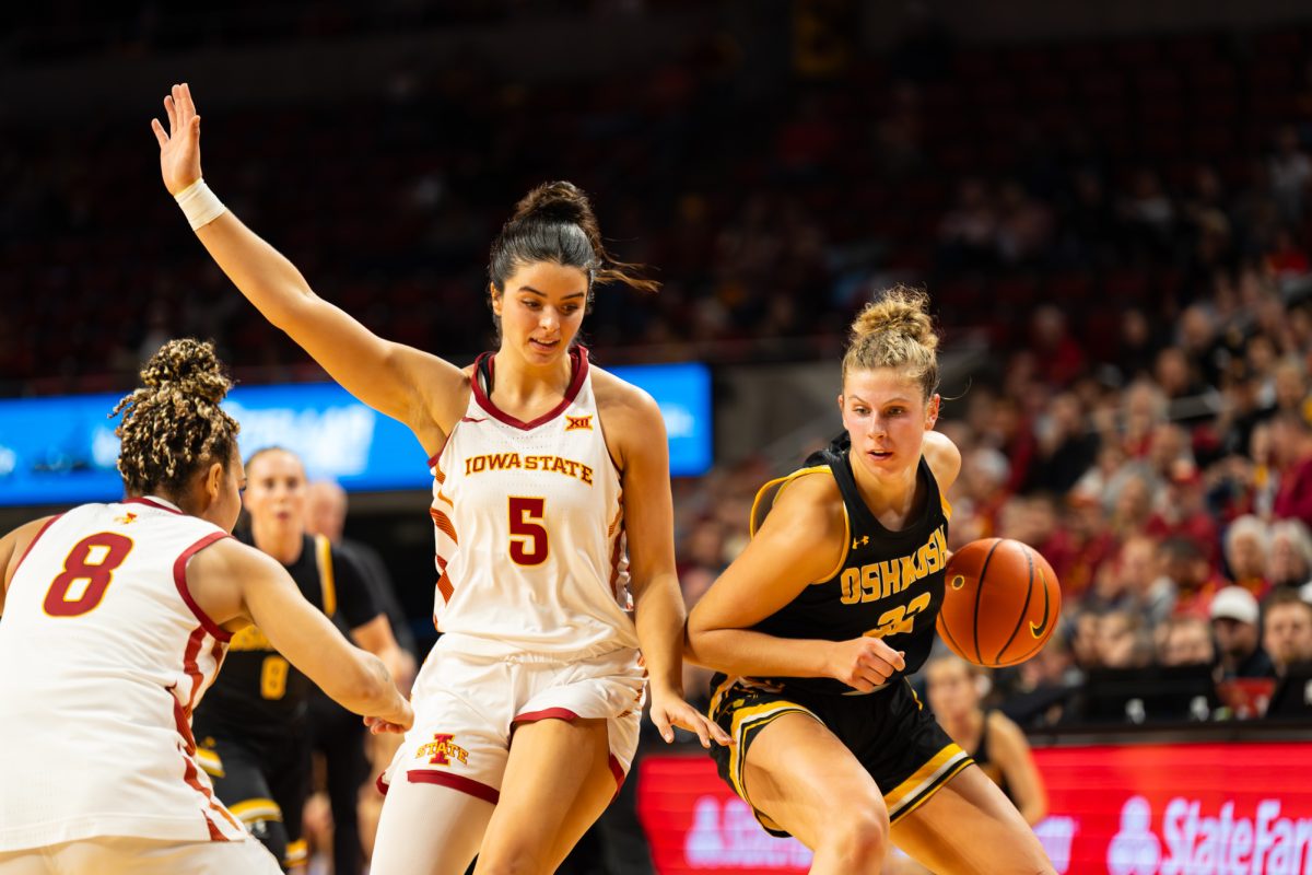 Iowa State Guard Evangelia Paulk (5) guards a UW-Oshkosh player during the Iowa State women’s Basketball exhibition vs. UW-Oshkosh at Hilton Coliseum in Ames, Iowa, Oct. 28, 2025.