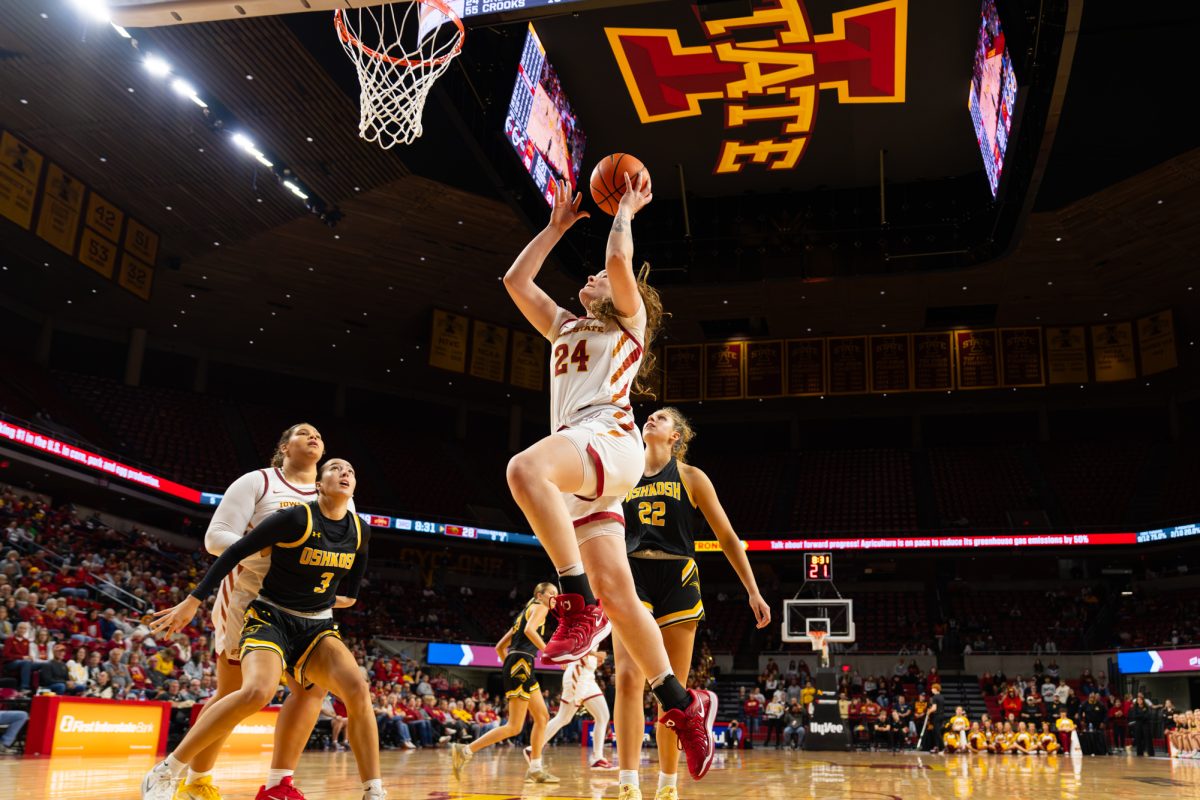 Iowa State Forward Addy Brown (24) drives to the hoop for a layup during the Iowa State women’s Basketball exhibition vs. UW-Oshkosh at Hilton Coliseum in Ames, Iowa, Oct. 28, 2025.