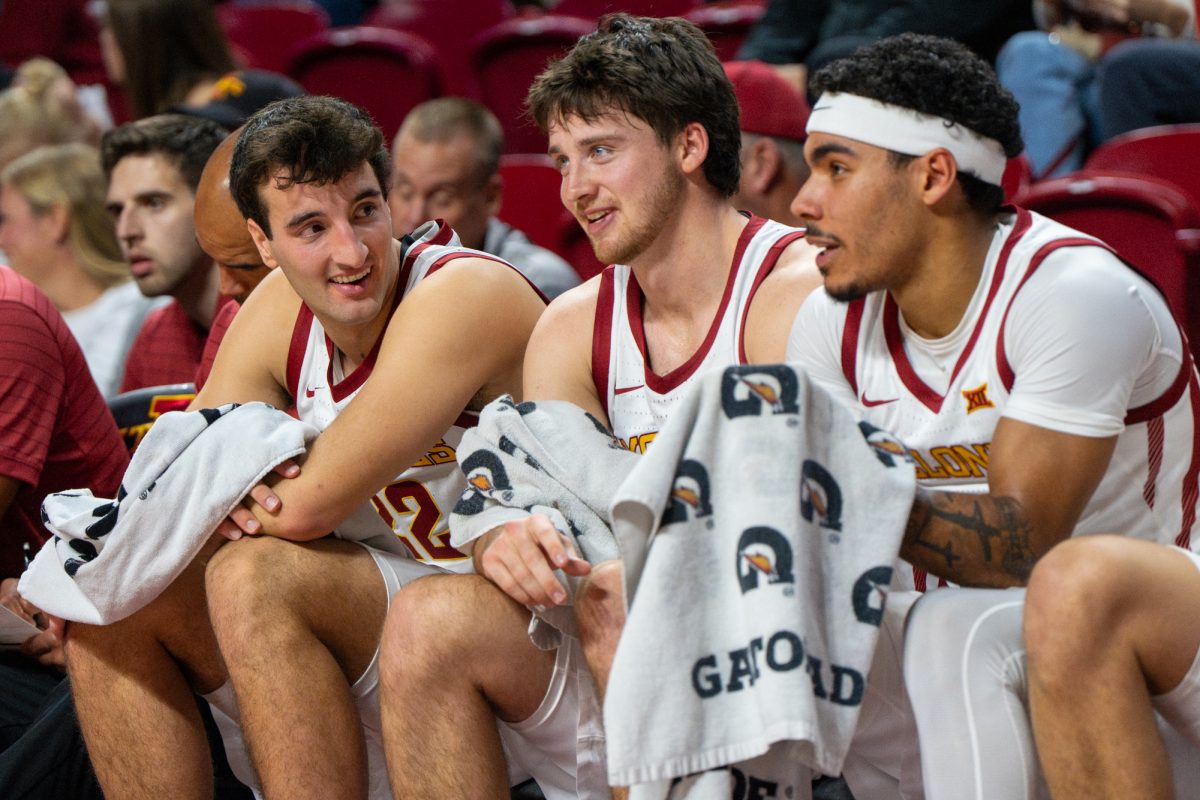 Iowa State forward Milan Momcilovic (22) converses with guards Nate Heise (0) and Tamin Lipsey (3) during the basketball game vs. Stonehill College at Hilton Coliseum, Ames, Iowa, Nov. 17, 2025.
