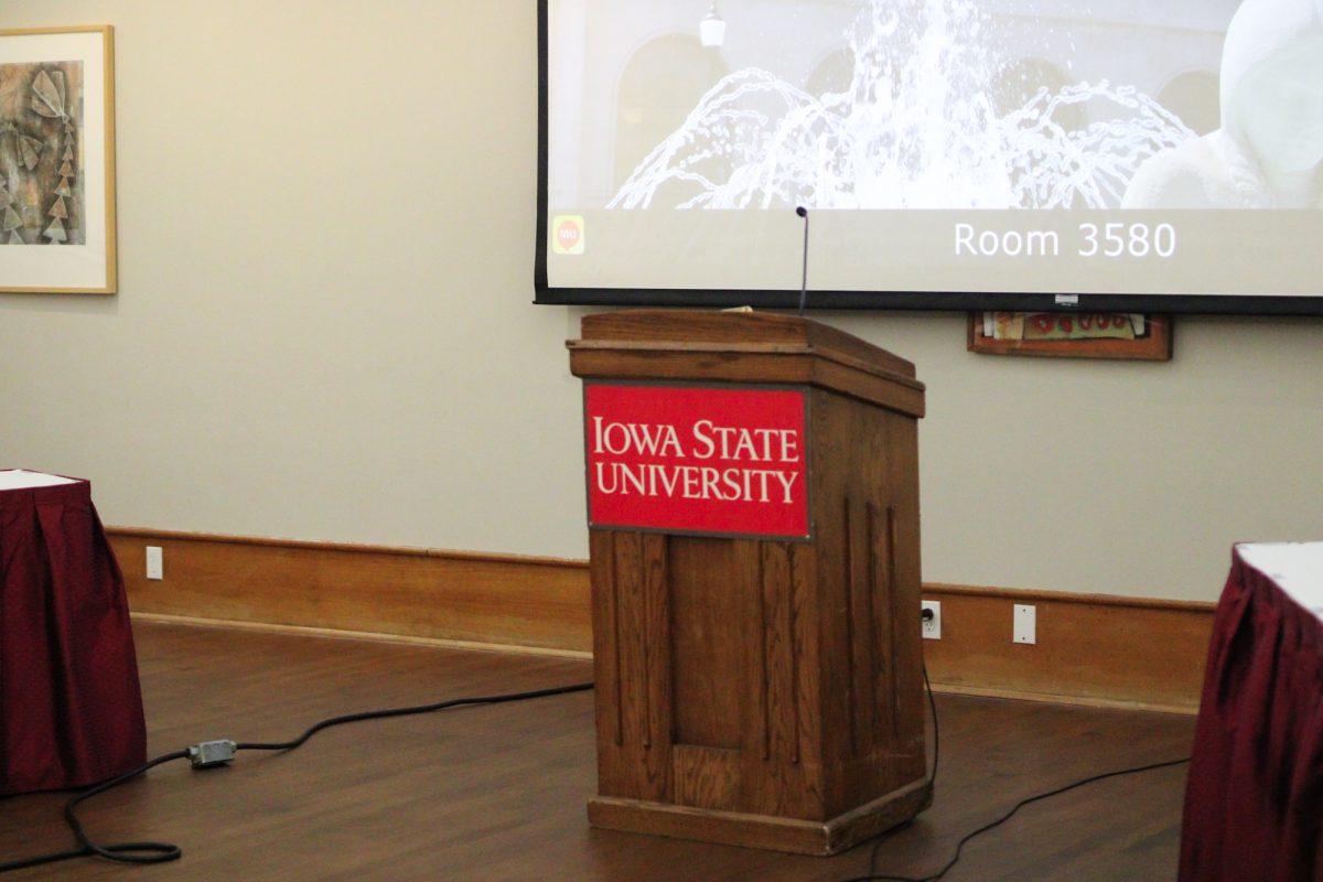 Iowa State University student government podium centered in the middle of the room before the student government meeting at the Memorial Union, Ames, Iowa, on Nov. 5, 2025.
