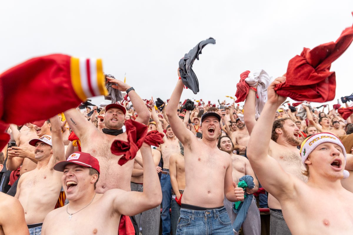 Iowa State fans wave their shirts in the air during the game against Arizona State, Jack Trice Stadium, Ames, Iowa, Nov. 1, 2025.  