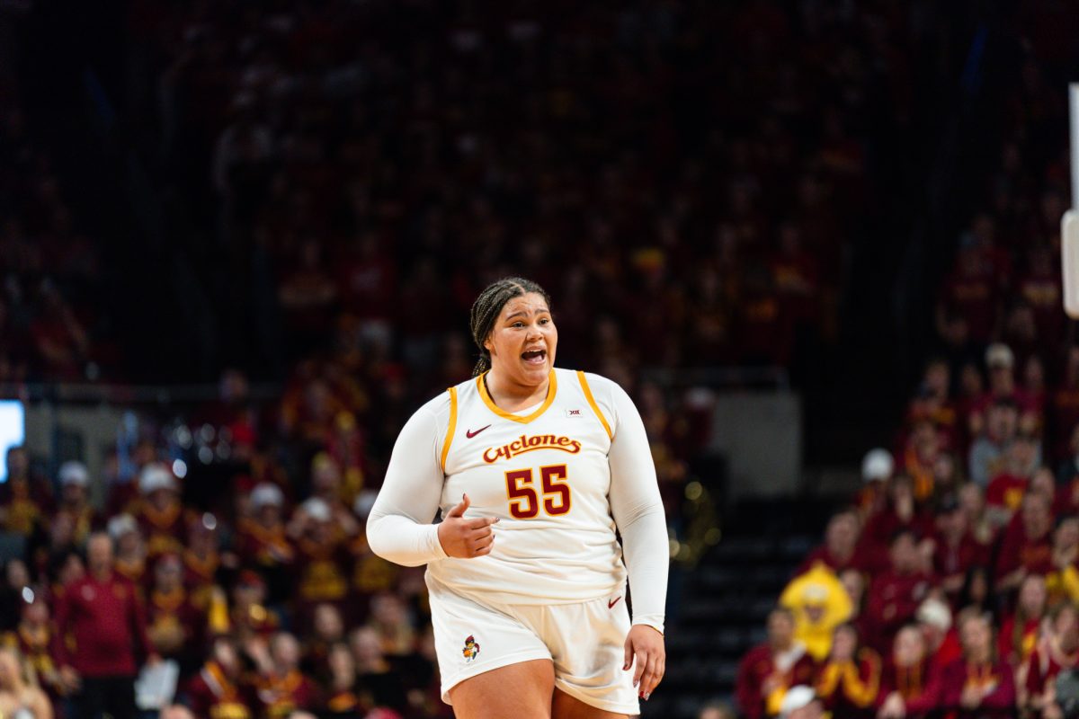 Audi Crooks (55) during the Iowa State vs. University of Iowa Cy-Hawk women’s basketball game at Hilton Coliseum, Ames, Iowa, Dec. 10, 2025. Iowa State won 74-69.