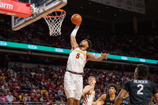 Iowa State forward Joshua Jefferson (5) dunks the ball during the men’s basketball game vs. Long Beach State at Hilton Coliseum in Ames, Iowa, Dec. 21, 2025.