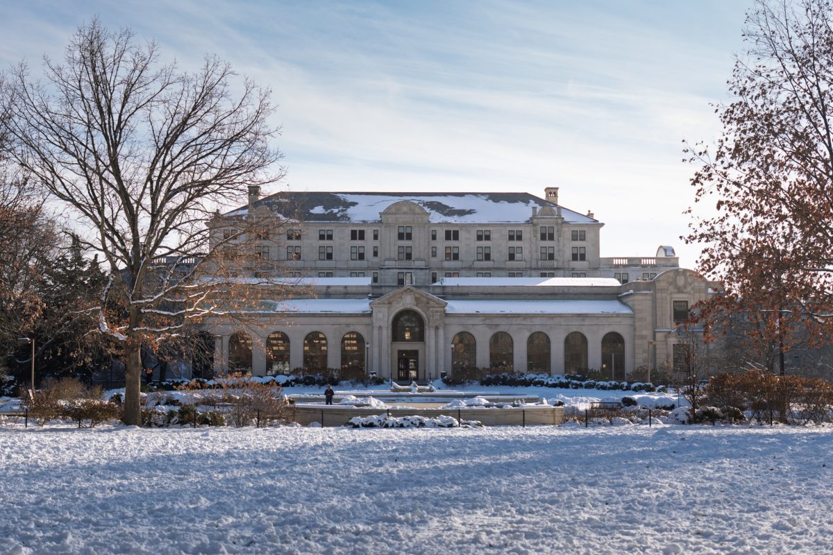 Memorial Union blanketed in snow after the first snow of the year. Ames, IA, Dec. 3, 2025