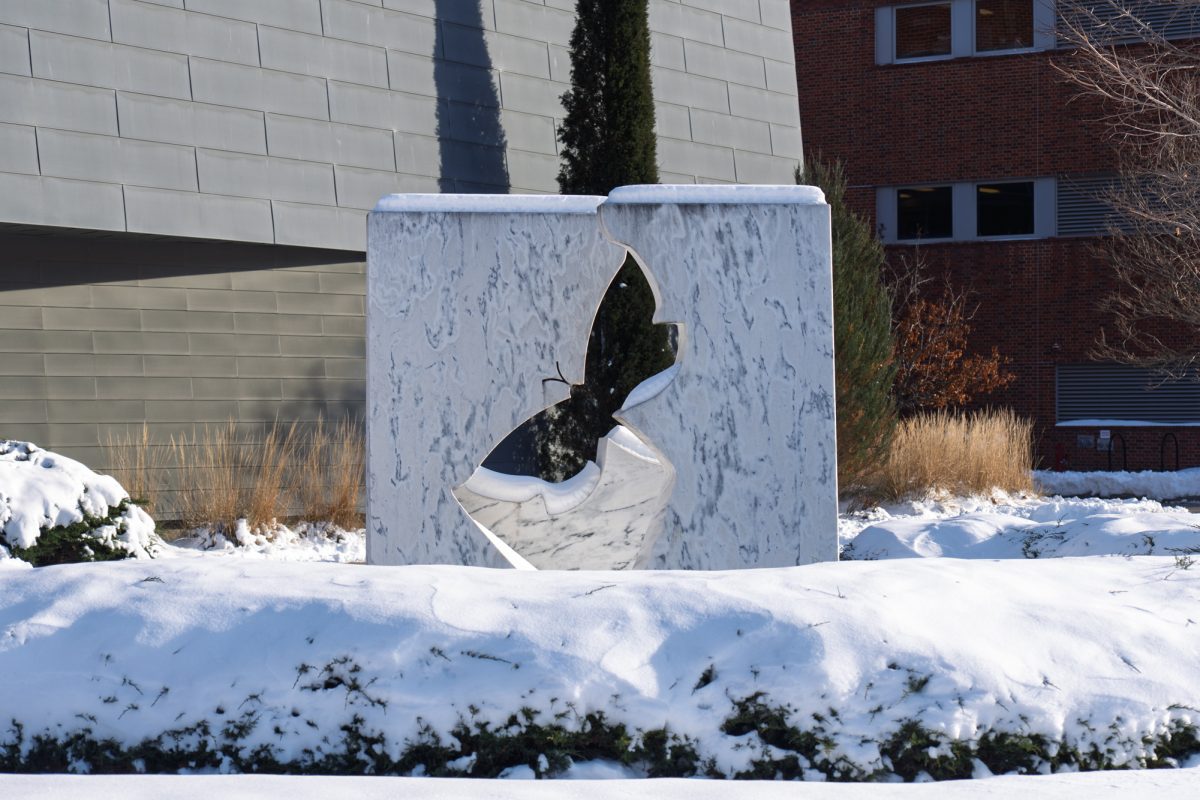 "The Moth" sculpture outside of Coover Hall blanketed in snow, Ames, IA, Dec. 3, 2025