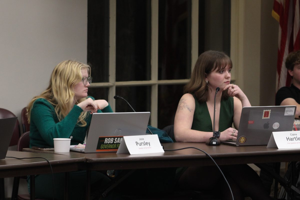 Speaker Josie Pursley and Vice Speaker Claire Hartley asking for a call to question to go to a roll call vote on a contract looking to be passed during the student government meeting at the Memorial Union, Ames, Iowa, on Dec. 3, 2025.