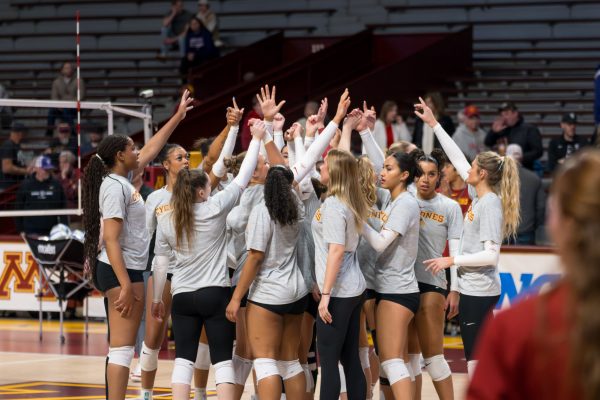 Iowa State huddles up before the game during the NCAA volleyball first round championship match vs. the University of St. Thomas at the Maturi Pavilion in Minneapolis, Minnesota, Dec. 5, 2025.