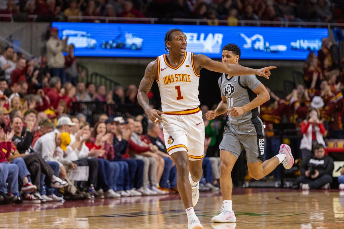 Jamarion Batemon (1) points to a teammate after scoring during the men's basketball game vs. The University of Colorado at Hilton Coliseum in Ames, Iowa, Jan. 29, 2026.