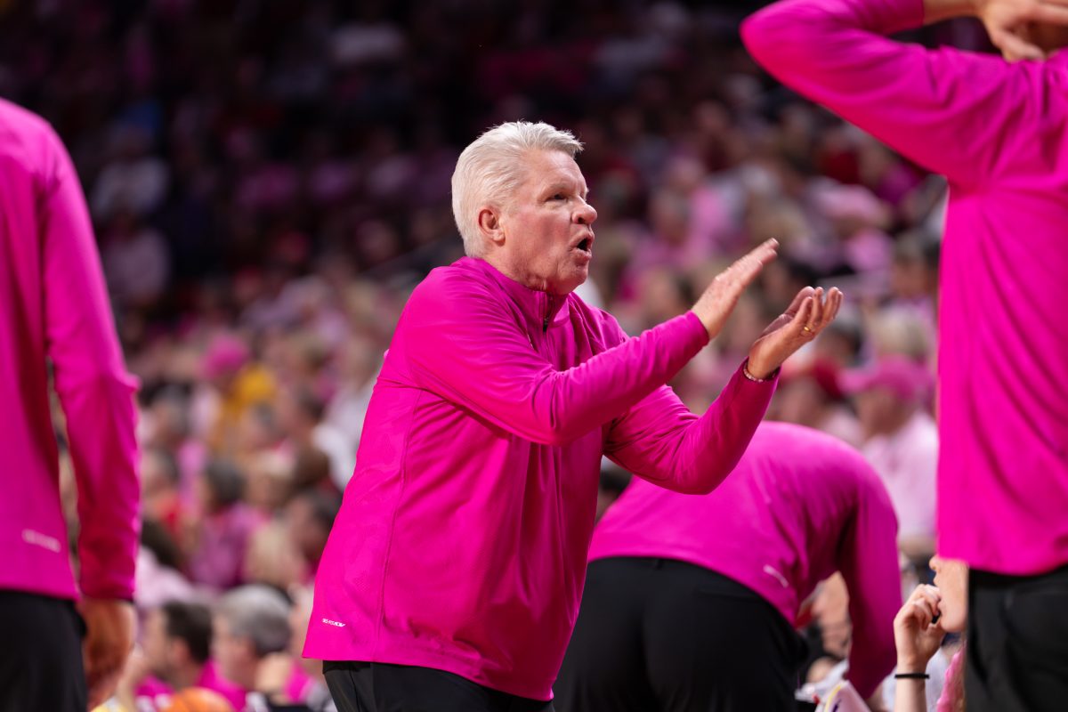 Head Coach Bill Fennelly giving feedback to the bench during the Iowa State vs. Kansas State. Hilton Coliseum, Ames, Iowa, Feb. 15, 2026.
