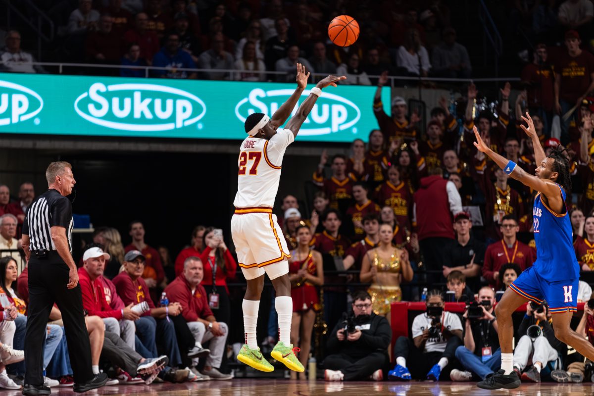 Killyan Toure (27) shoots the basketball during the Iowa State men's basketball game vs. the University of Kansas, Hilton Coliseum, Ames, Iowa, Feb. 14, 2026.
