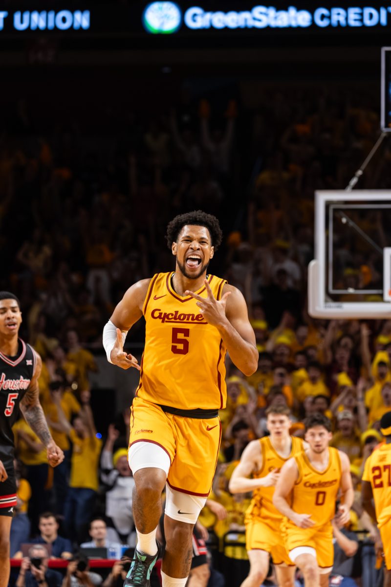 Joshua Jefferson (5) celebrates a made three-pointer during the Iowa State men’s basketball victory over Houston, 70-67, at Hilton Coliseum in Ames, Iowa, on Feb. 16, 2026.