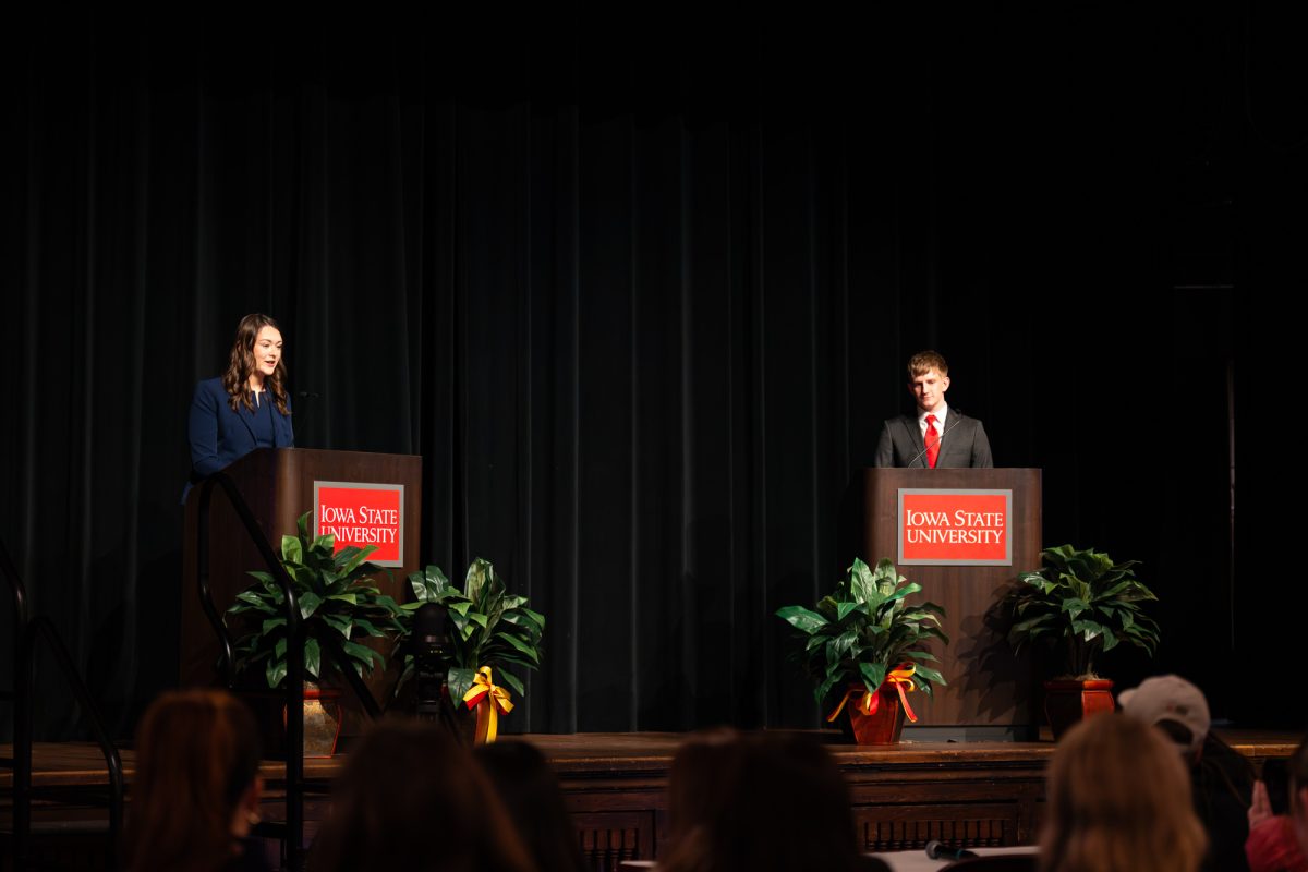 Iowa State student government presidential candidate Josie Kelly addresses the crowd during the Presidential Debate inside the Great Hall, inside the Memorial Union, Ames, Iowa, Feb. 17, 2026.
