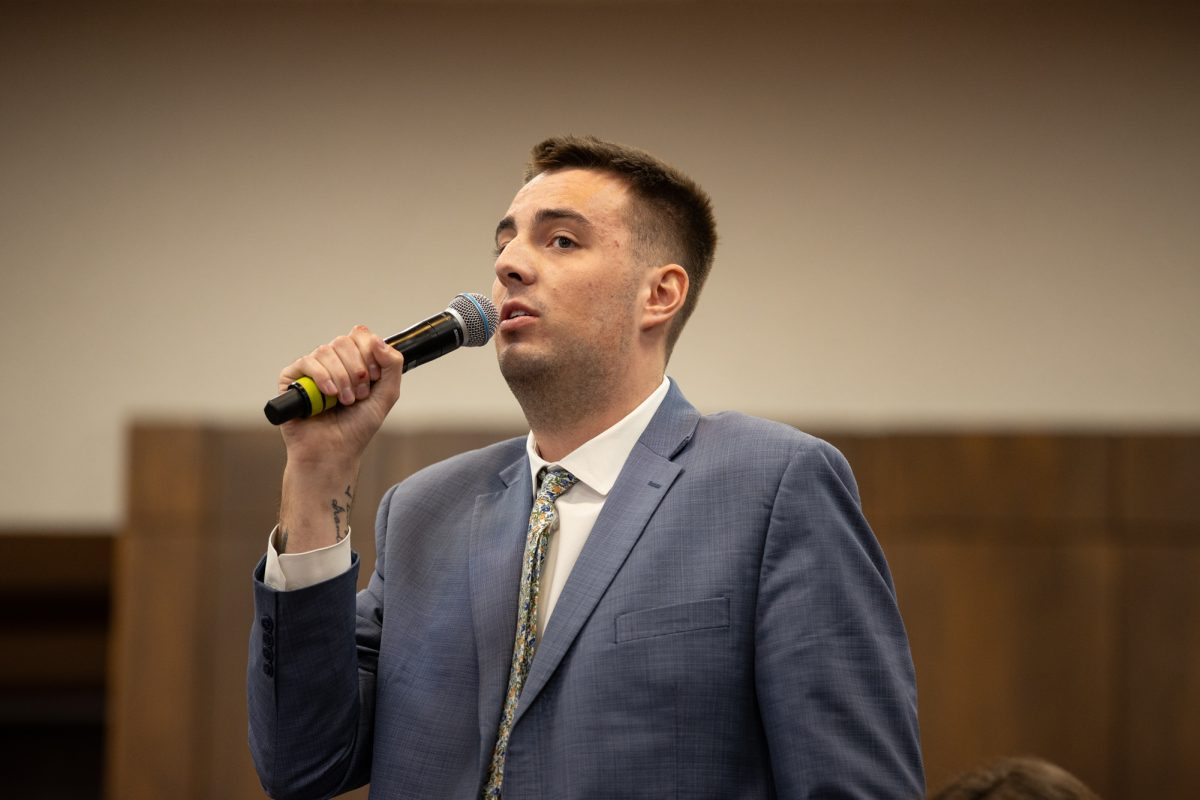 President of the Student Body Colby Brant giving speech during Student Government, Memorial union (Sun Room), Ames, Iowa, Feb. 25, 2026.