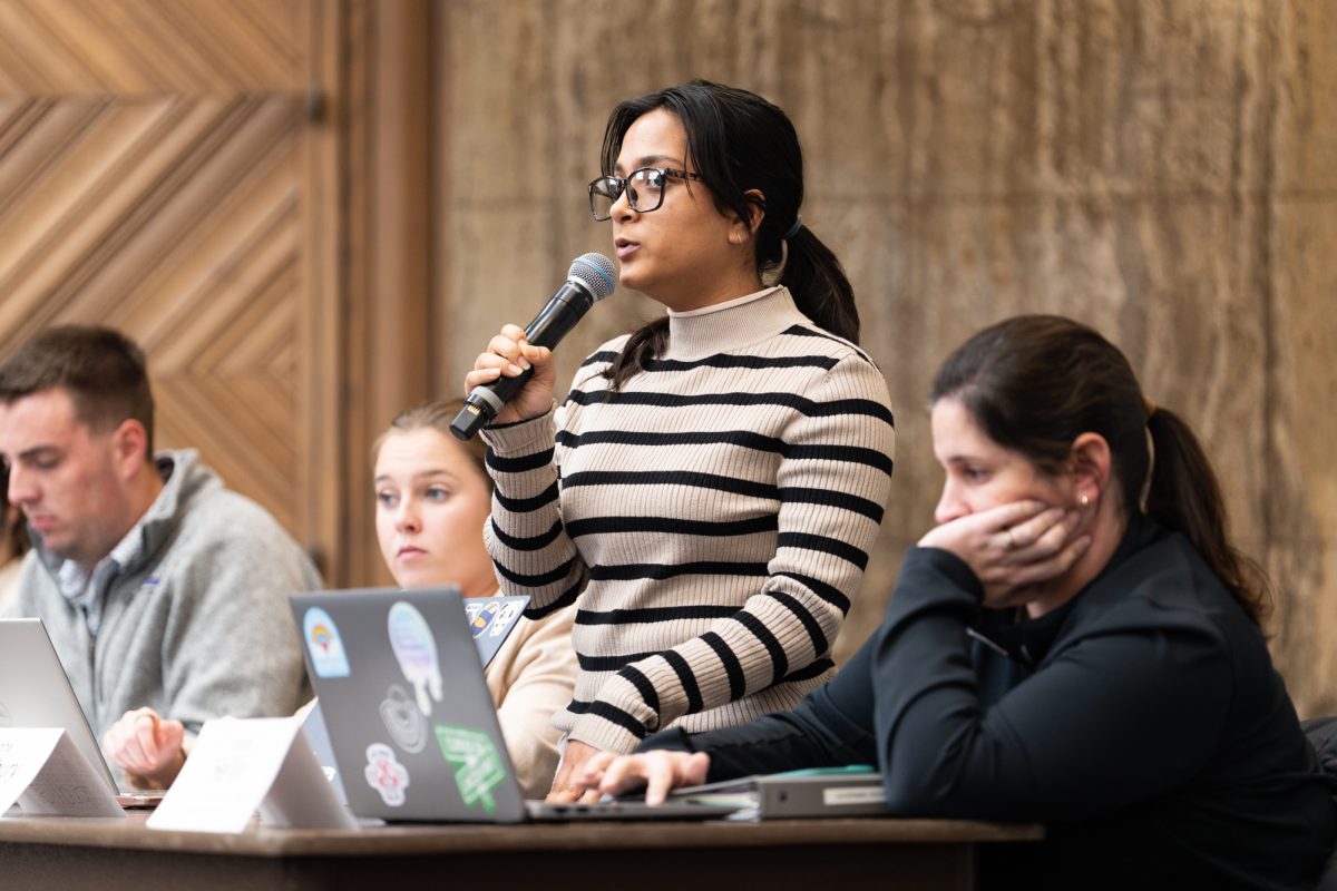 IDEA Director Nabiha Chowdhury speaking during the student government meeting at the Memorial Union, Ames, Iowa, Feb. 11, 2026.