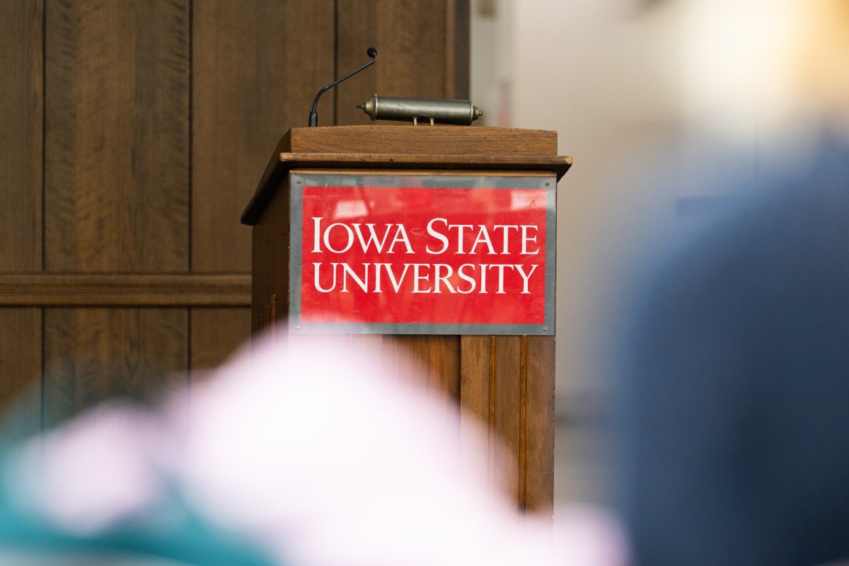Iowa State University podium during the student government meeting at the Memorial Union, Ames, Iowa, Feb. 11, 2026.