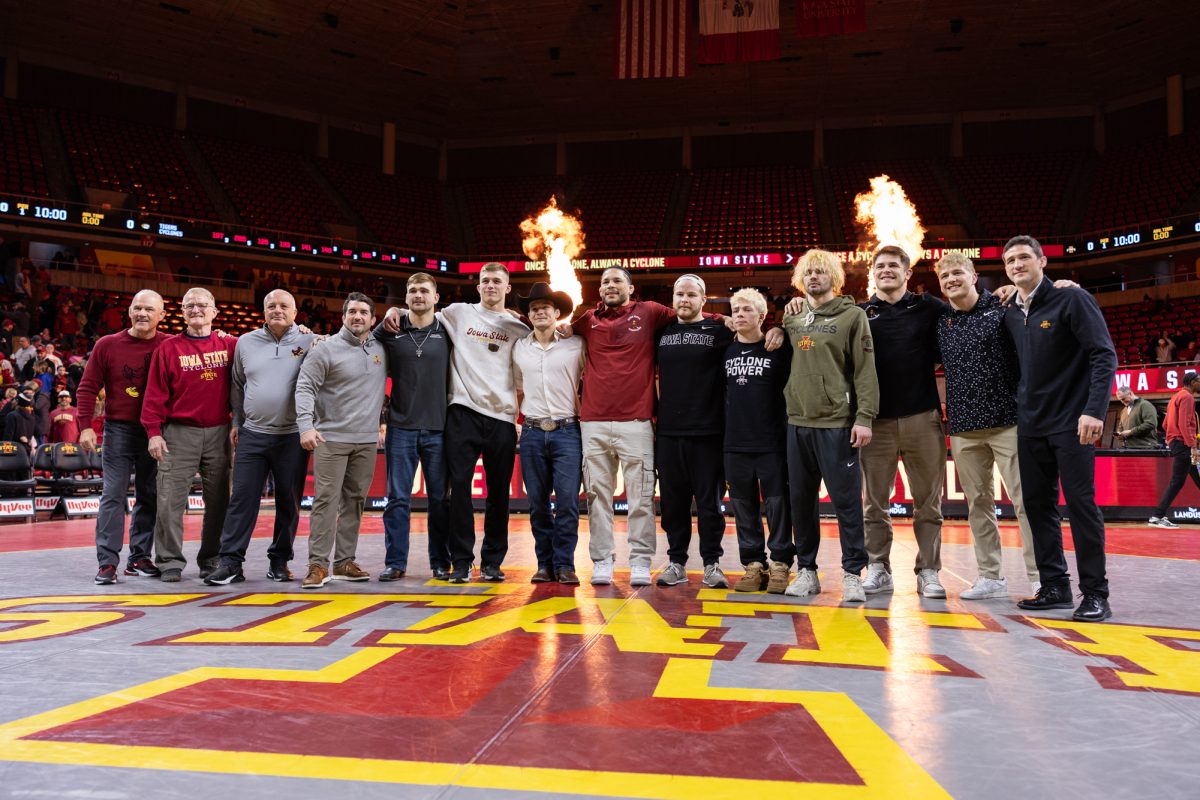 Iowa State wrestling seniors and coaches. ISU wrestling vs. Missouri, Hilton Coliseum, Ames, Iowa, Feb. 22, 2026.