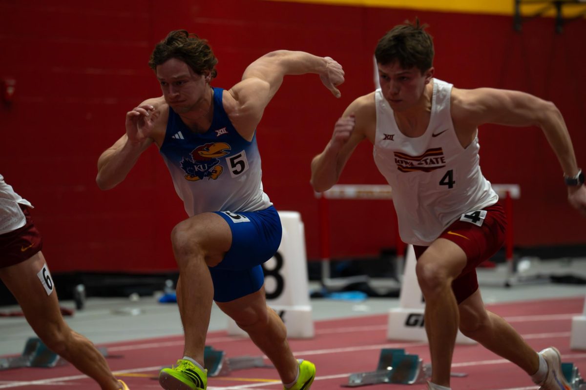 Iowa State track and field runner starting  the Men's 60Y sprint at Lied Recreation Center, Ames, Iowa, Feb. 6, 2026. 