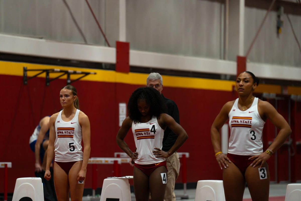 Iowa State track and field runners preparing for the Women's 60Y hurdles race at Lied Recreation Center, Ames, Iowa, Feb. 6, 2026. 