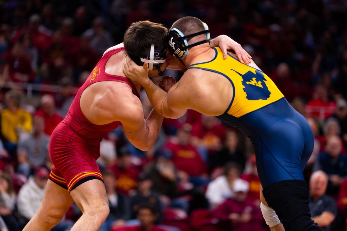  MJ Gaitan in his match against University of West Virginia at, Iowa State University vs. University of West Virginia wrestling meet, Feb. 13, 2026, Hilton Coliseum, Ames, Iowa.