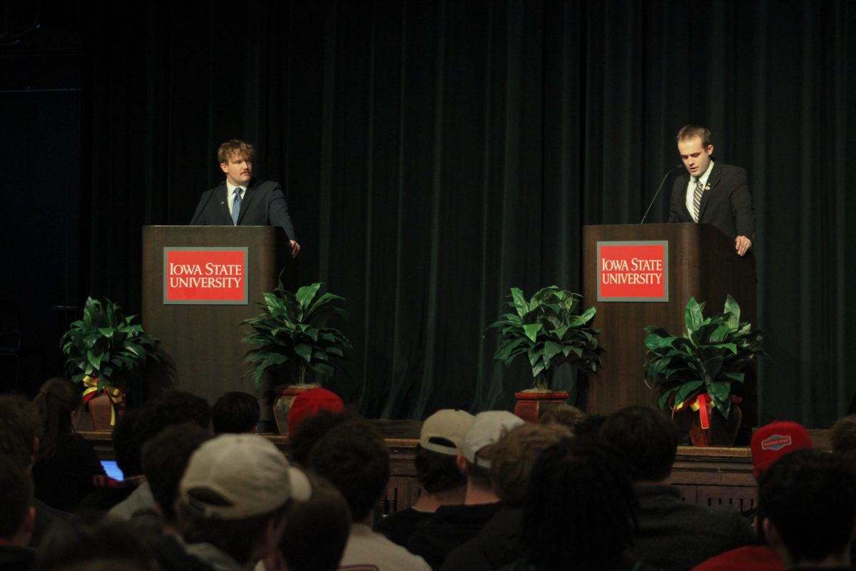Nolan Klemesrud and Henry Rose debating at the Student Government Vice President debate in the Great Hall of the Memorial Union, Ames, Iowa, Feb. 12, 2026.