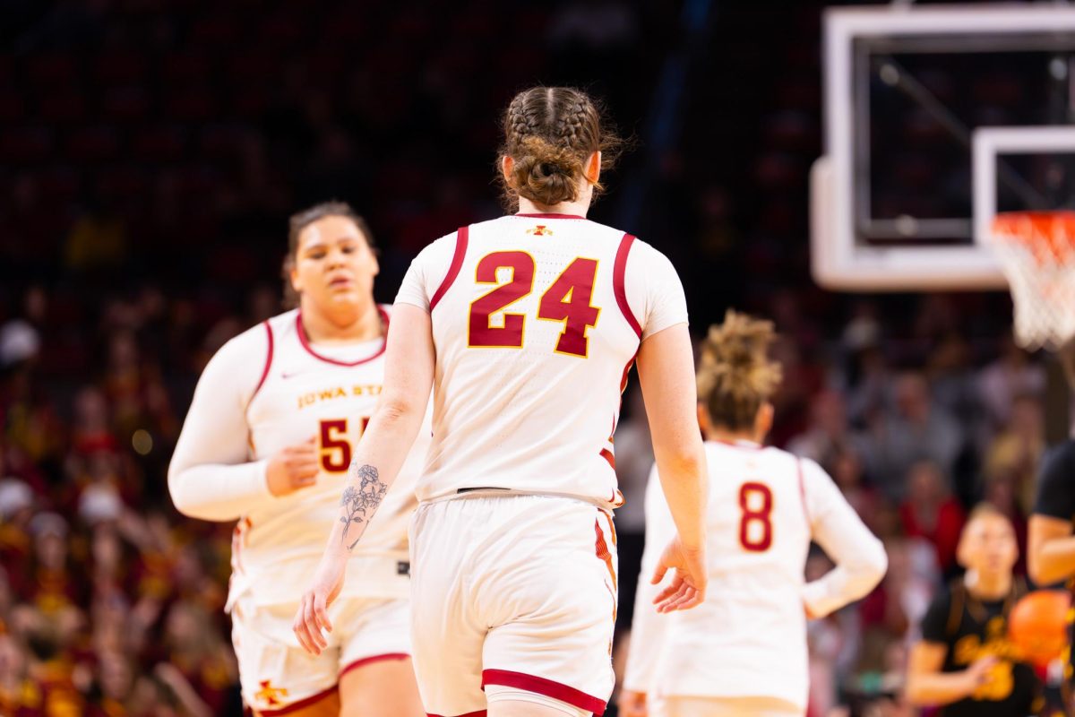 Iowa State forward Addy Brown running back on defense during the women’s basketball game vs. Arizona State University at Hilton Coliseum in Ames, Iowa, Feb. 18, 2026.