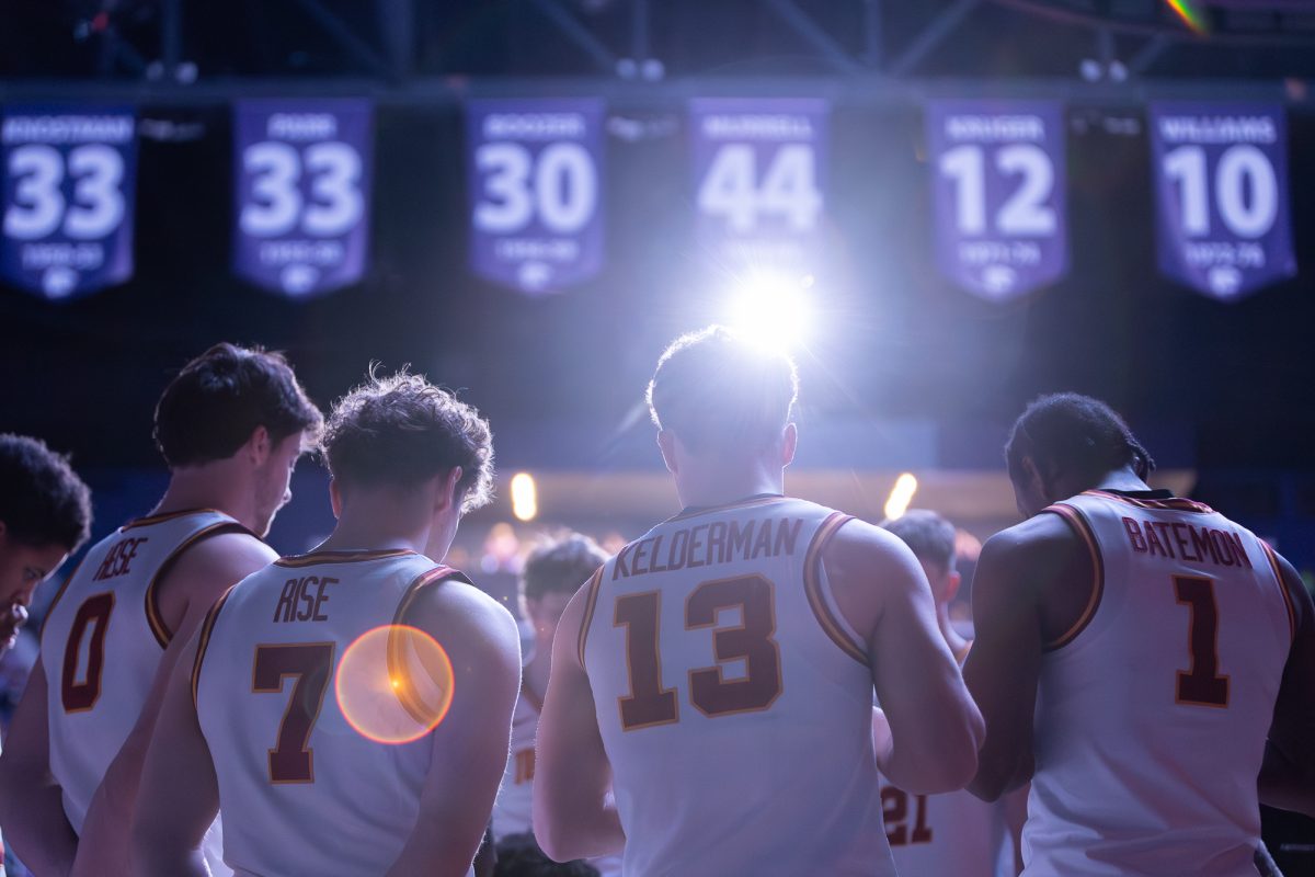 The Iowa State Cyclones huddle together before the men's basketball game vs. Kansas State in Bramlage Coliseum in Manhattan, Kansas, Feb. 1, 2026.