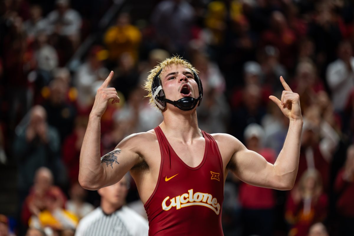 Iowa State Wrestler MJ Gaitan celebrates after getting a sudden victory during the dual against the University of Northern Iowa inside Hilton Coliseum in Ames, Iowa, Feb. 15, 2026.