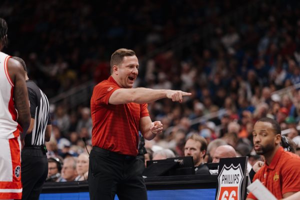 Iowa State Head Coach T.J. Otzelberger points to his player to put him in during the Arizona vs. Iowa State men's basketball semi-final game at the Big 12 basketball tournament, T-Mobile Center, Kansas City, Missouri, March 13, 2026.