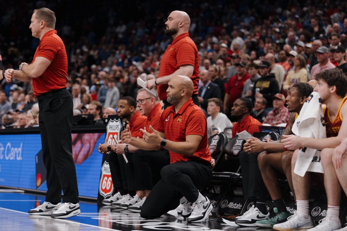 The Iowa State coaching staff during the Arizona vs. Iowa State men's basketball semi-final game at the Big 12 basketball tournament, T-Mobile Center, Kansas City, Missouri, March 13, 2026.