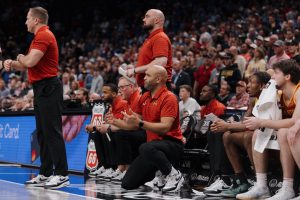 The Iowa State coaching staff during the Arizona vs. Iowa State men's basketball semi-final game at the Big 12 basketball tournament, T-Mobile Center, Kansas City, Missouri, March 13, 2026.