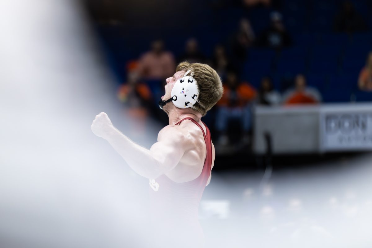 Connor Euton cheers after his victory over Ryder Downey (Northern Iowa). Big 12 Wrestling tournament, session three, BOK Center, Tulsa, Oklahoma, March 7, 2026.