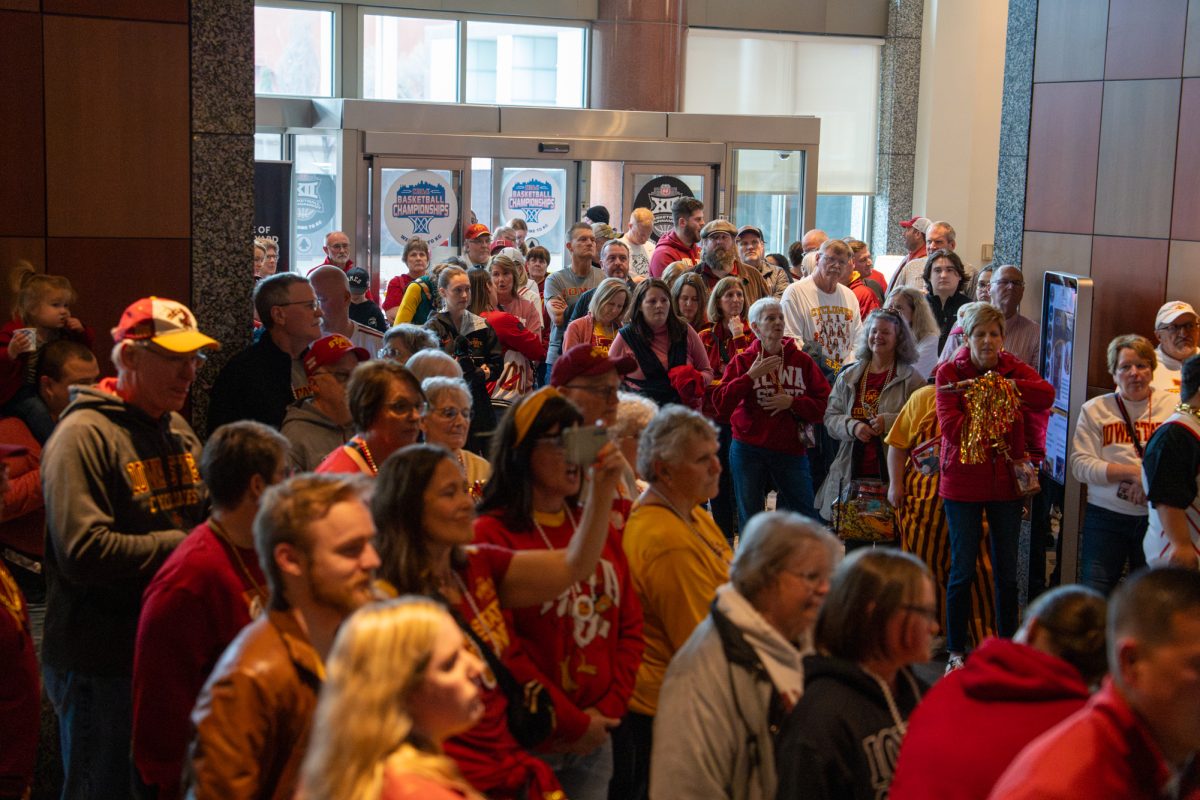 Fans wait for the Iowa State women's basketball team at their send-off at Marriott Downtown, Kansas City, Missouri, March 5, 2026.