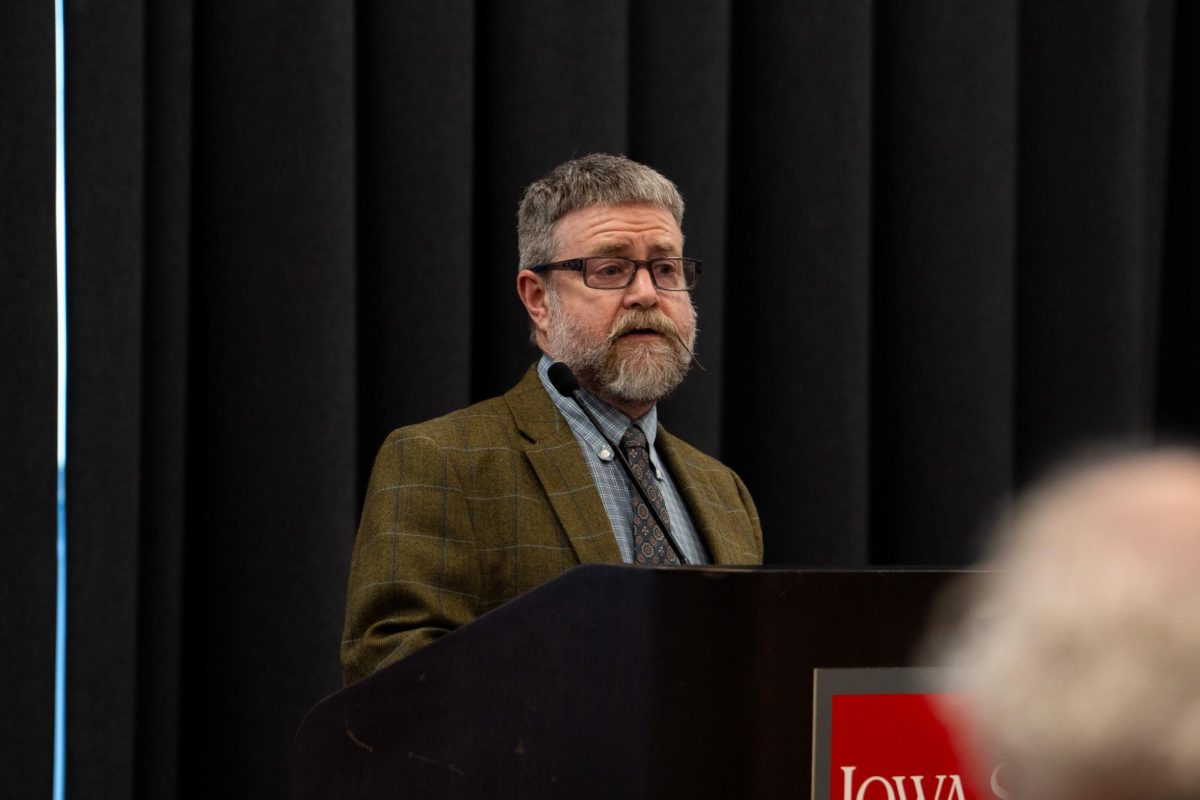 Senator Steve Freeman speaking at the faculty senate meeting in the Memorial Union, Ames, Iowa, Feb. 10, 2026.
