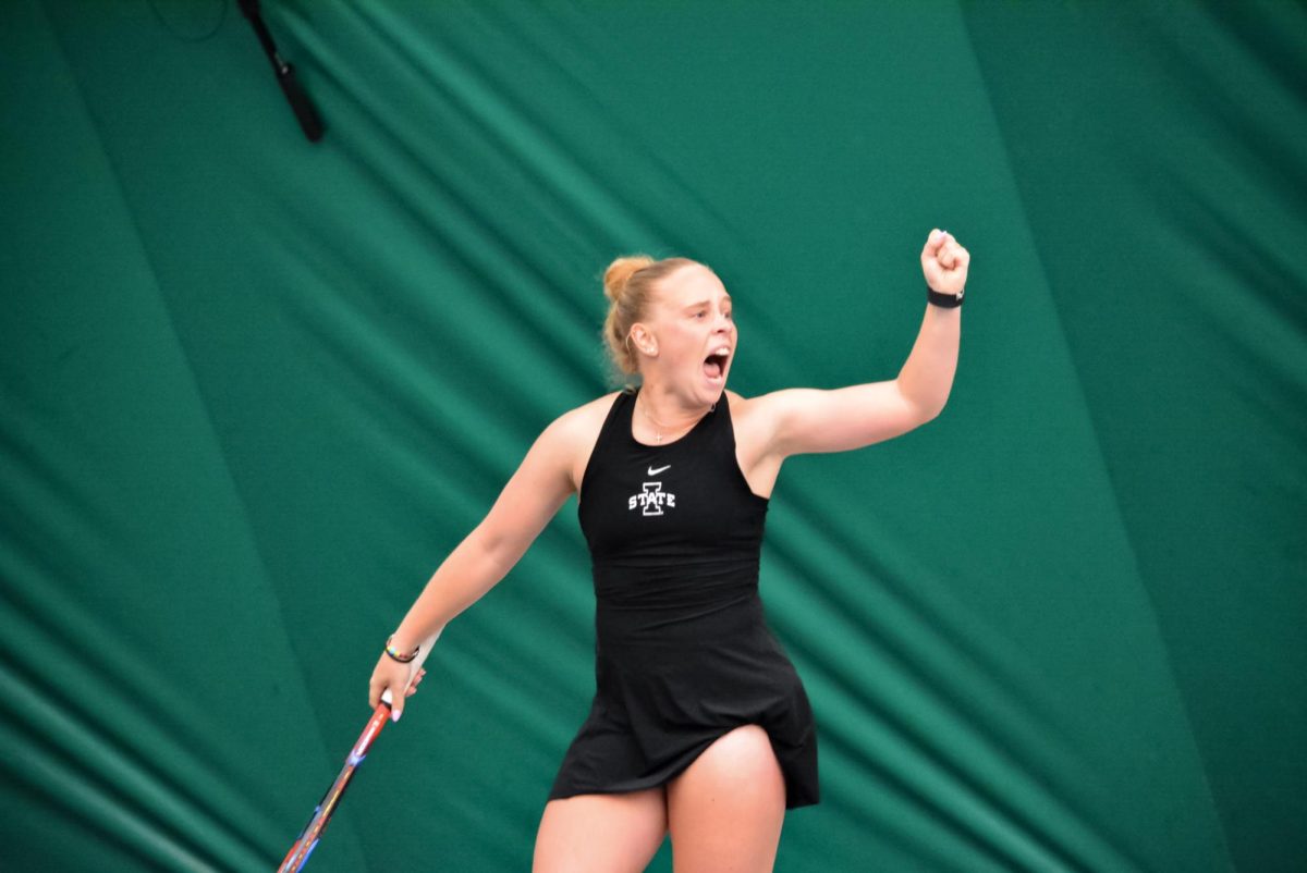 Gabriella Kellner celebrating after receiving a point during the Iowa State vs. Houston Tennis Match, Ames Fitness Center, Ames, Iowa, March 22, 2026