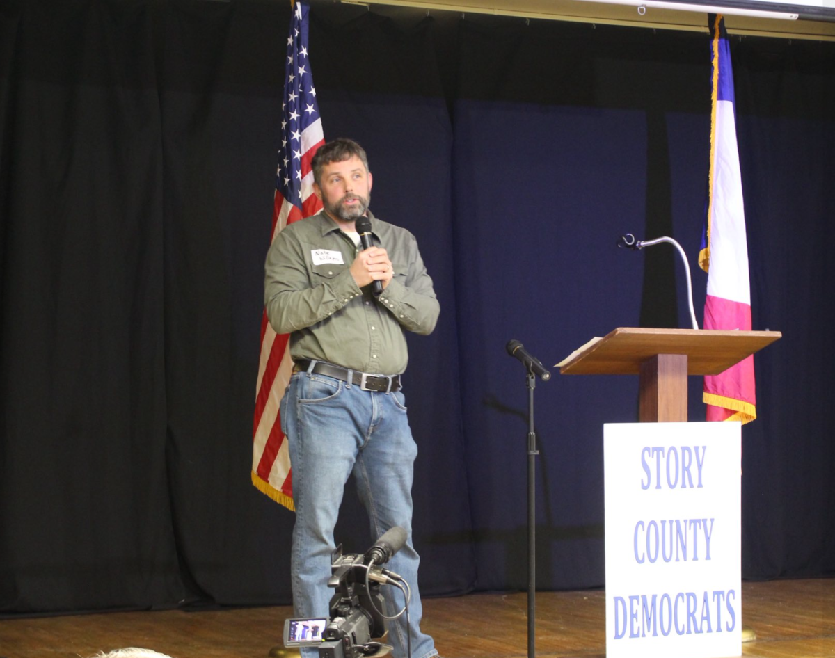 Nate Willems, a candidate for Iowa Attorney General, speaking at the Story County Democrats Soup and More event, Feb. 28, 2026. Photo courtesy of Nate Willems. 