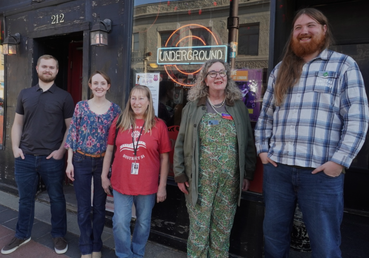 Five candidates running for elected office in Iowa standing outside the London Underground following a townhall. March 29, 2026. Left to Right, Ben Olsen, Ashley WolfTornabane, Teresa Perin, Cynthia Oppedal Paschen
and Guy Morgan. 