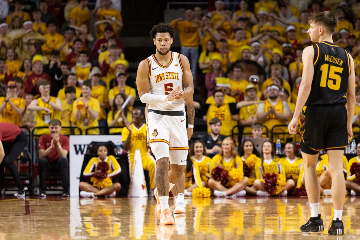 Joshua Jefferson (5) claps after scoring during the Iowa State men's basketball game against Arizona State, at Hilton Coliseum in Ames, Iowa, on March 7, 2026.