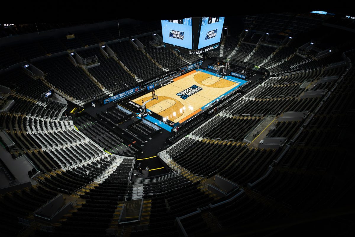The March Madness court inside Enterprise Center sits empty before the NCAA basketball open practice, St. Louis, Missouri, March 19, 2026.