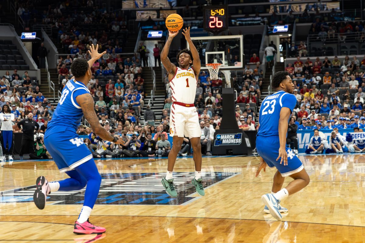 Jamarion Batemon (1) shoots a three pointer during the Iowa State vs. Kentucky men's basketball game at the NCAA Basketball Tournament, Enterprise Center, St. Louis, Missouri, March 22, 2026.