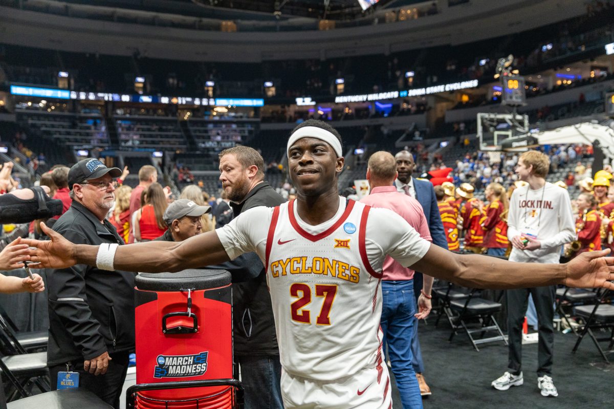 Killyan Toure (27) extends his arms as he walks off the court after the Iowa State vs. Kentucky men's basketball game at the NCAA Basketball Tournament, Enterprise Center, St. Louis, Missouri, March 22, 2026.