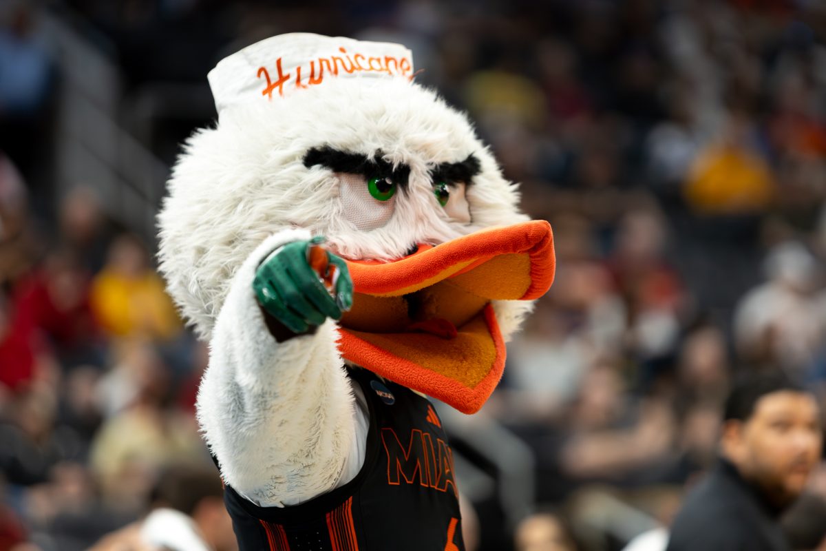 Sebastian the Ibis points at the camera during the Purdue vs. Miami men's basketball game at the NCAA Basketball Tournament, Enterprise Center, St. Louis, Missouri, March 22, 2026.