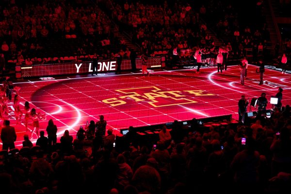 Iowa State logo flashed on the Big 12 LED glass court at the Iowa State University vs. Arizona State University Big 12 tournament women’s basketball game, T-Mobile Center, Kansas City, Missouri, March 5, 2026.