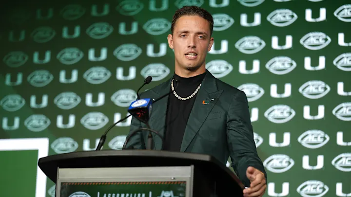 Jul 22, 2025; Charlotte, NC, USA; Miami quarterback Carson Beck answers questions from the media during ACC Media Days at Hilton Charlotte Uptown. 