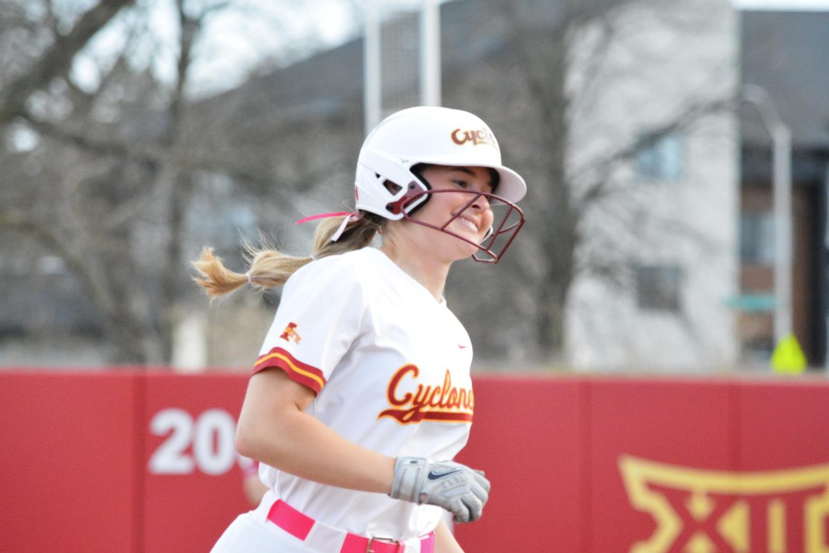 Isabelle Nosan (8) smiling after winning the game during the Iowa State vs. South Dakota softball game at Cyclone Sports Complex, Ames, Iowa, April 14, 2026.